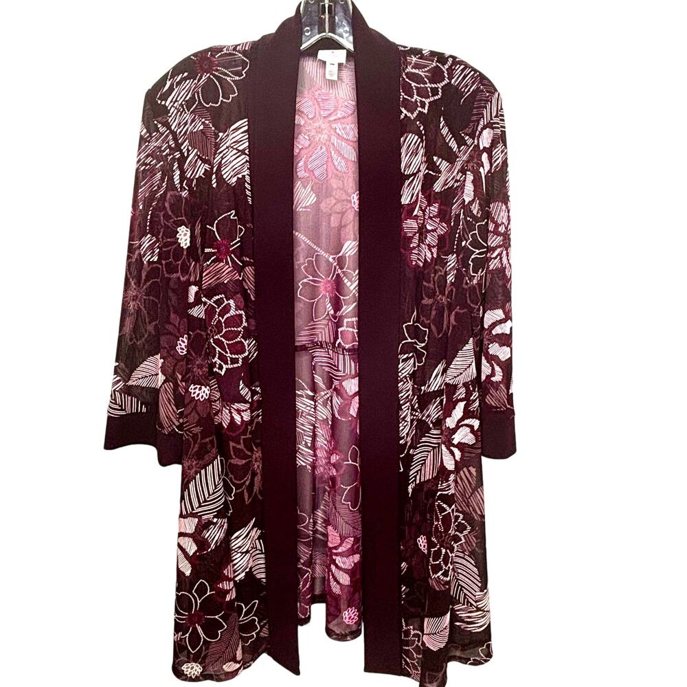 Dress Barn Wms 14 Plum Sheer Floral Open Front Longline Cardigan Elegant Party
